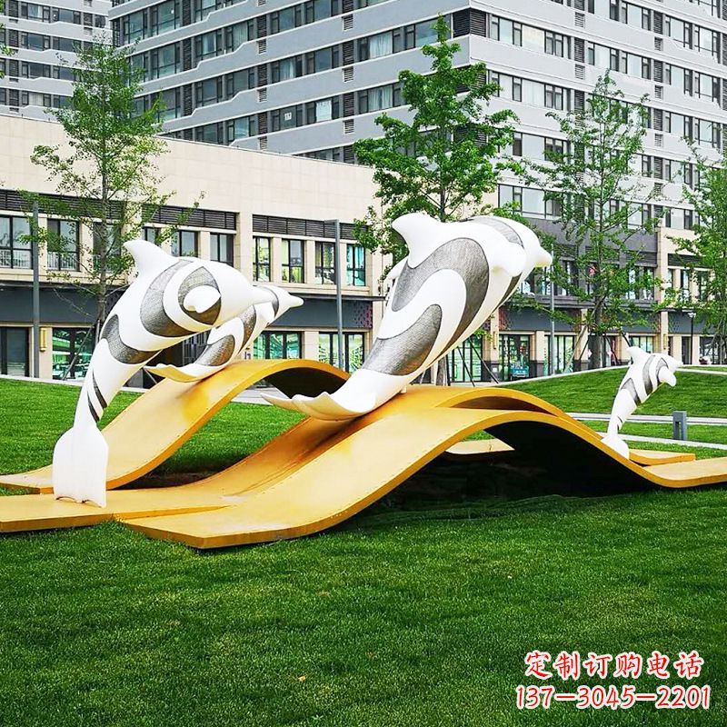 金华玻璃钢海豚景观雕塑-城市园林创意动物景观雕塑