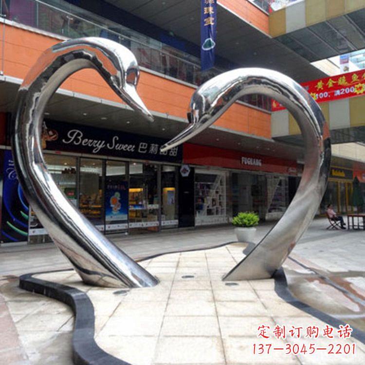 金华不锈钢爱心天鹅情侣雕塑——抽象动物景观的精美礼赞