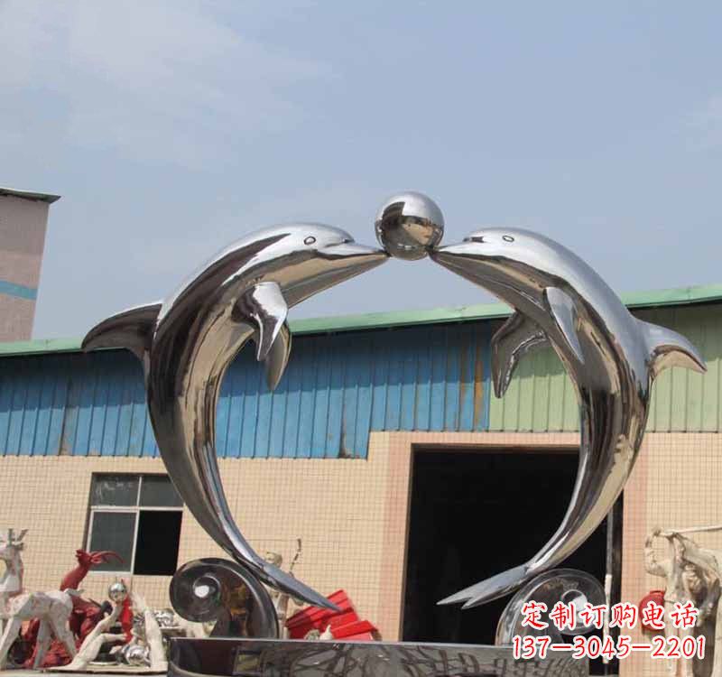 金华海豚之恋——不锈钢公园镜面海豚顶球雕塑