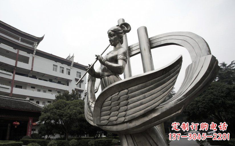 金华古典美女不锈钢吹笛子雕塑