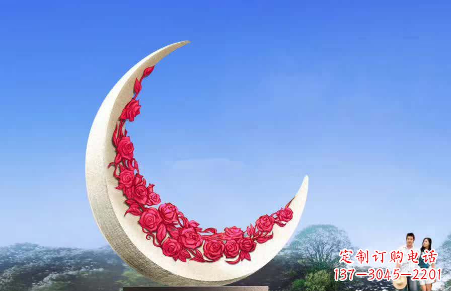 金华不锈钢广场月亮雕塑月光下的璀璨美景