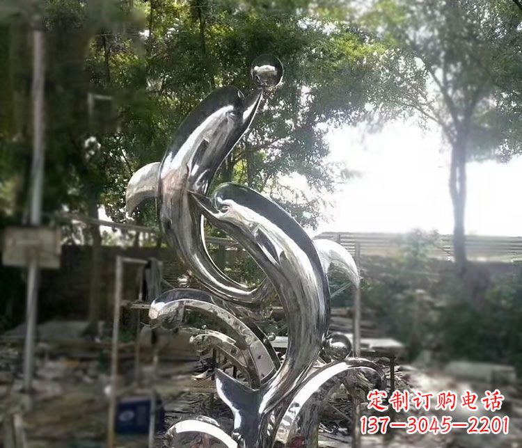 金华不锈钢海豚顶球雕塑