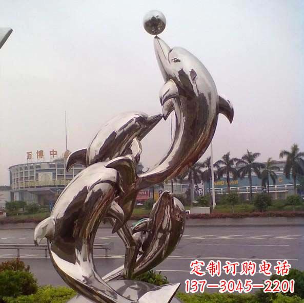 金华不锈钢海豚顶球造型雕塑