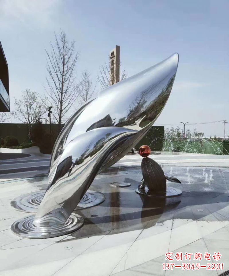 金华不锈钢海豚戏球海洋动物雕塑