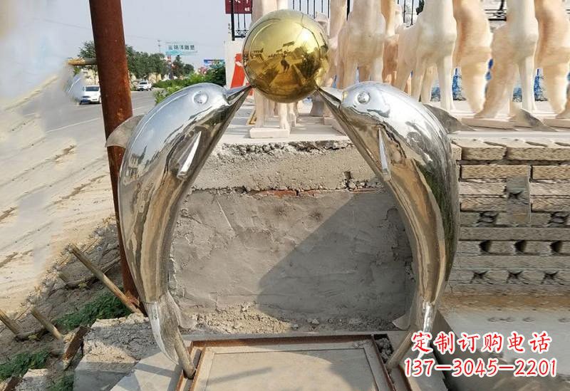 金华不锈钢海豚顶球雕塑