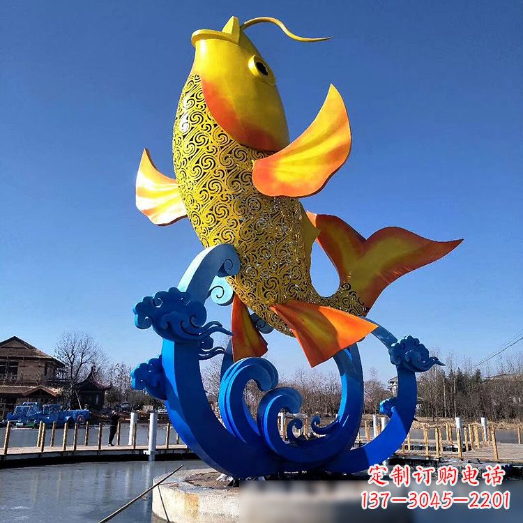 金华不锈钢鱼跃喷泉雕塑色彩斑斓的水景美景