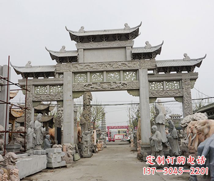 金华村庄大理石三门牌坊石雕 (3)