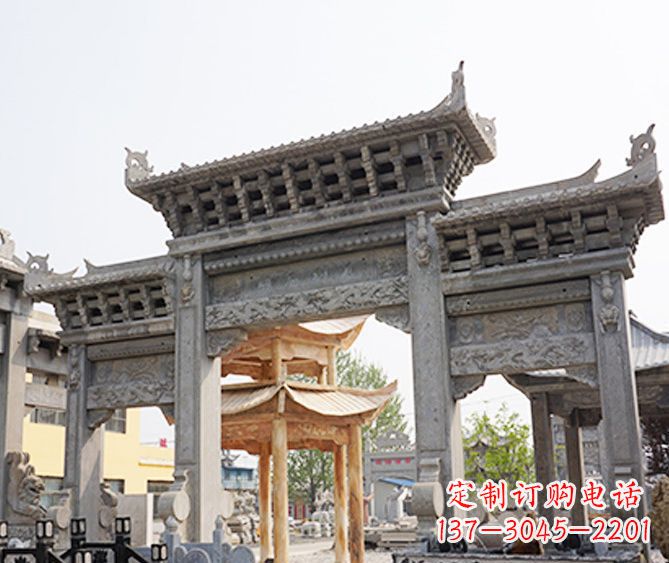 金华村庄大理石三门牌坊石雕