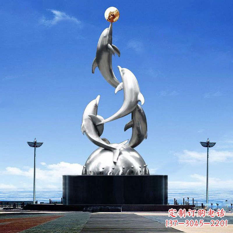 金华大型不锈钢海豚雕塑-学校文化动物景观雕塑