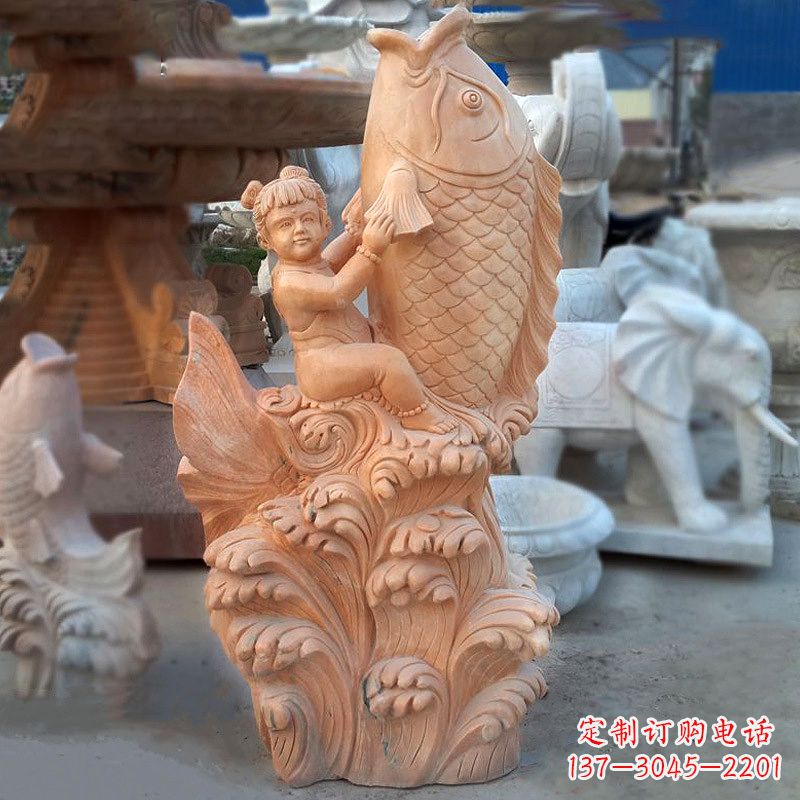 金华大型喷水鲤鱼景观雕塑-晚霞红石雕动物喷泉