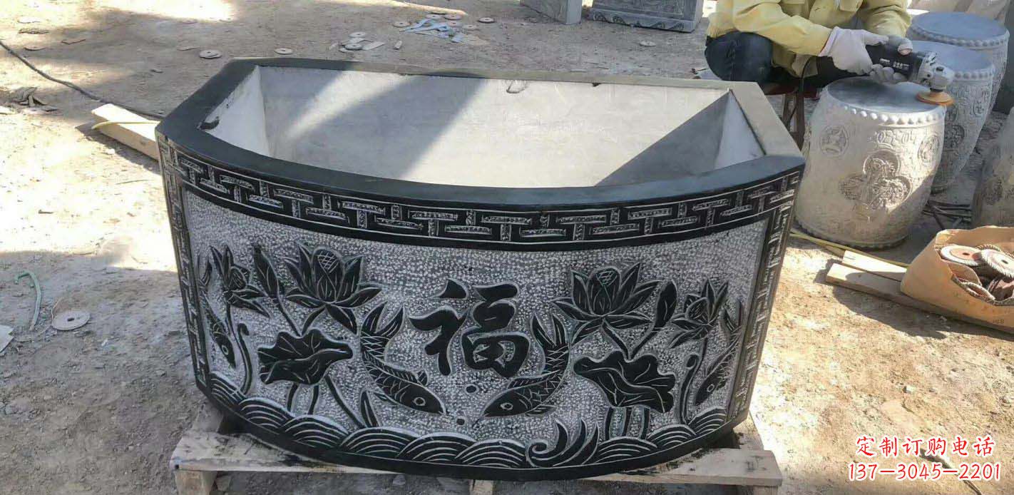 金华精致方口石浮雕水缸雕塑