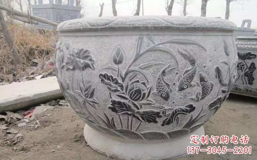 金华仿古雕刻鲤鱼石浮雕水缸