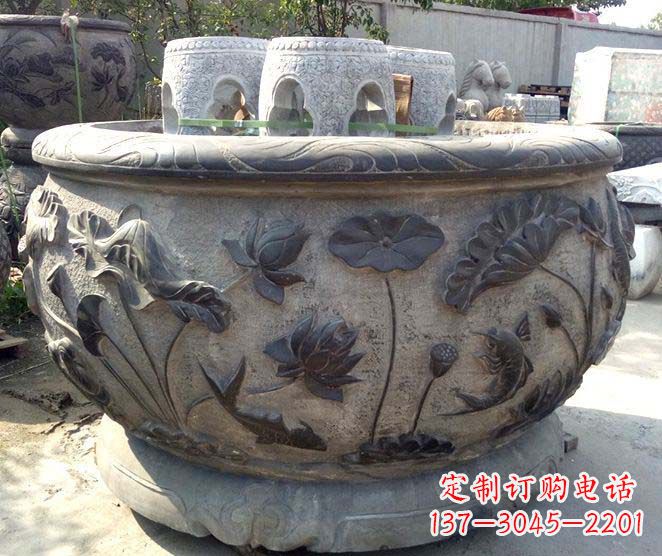 金华精美仿古荷花鲤鱼浮雕石水缸