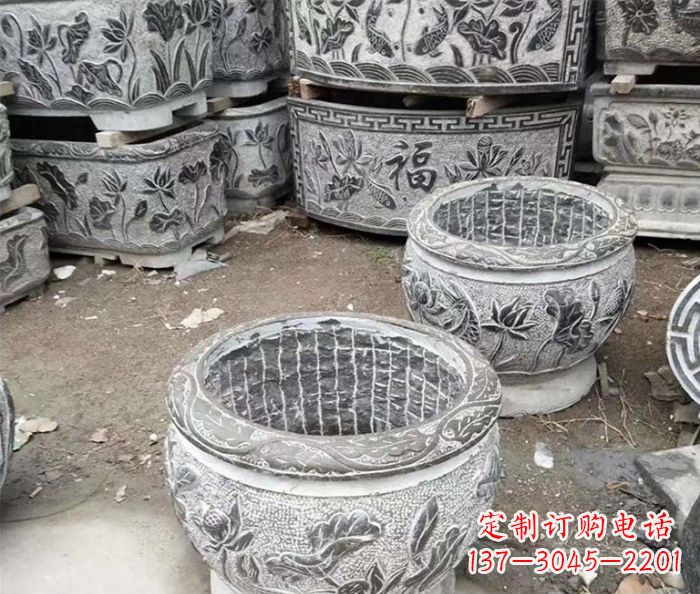 金华仿古荷花石浮雕水缸塑像