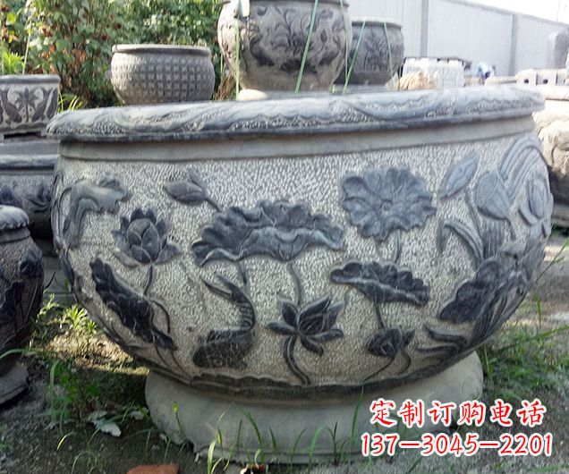 金华中领雕塑仿古荷花石浮雕水缸