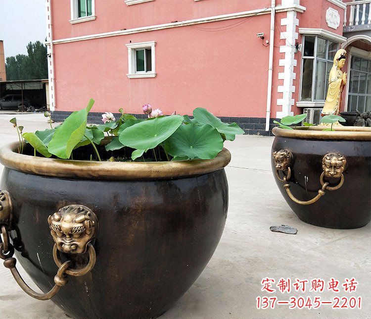 金华仿古狮子头水缸铜雕塑 (2)