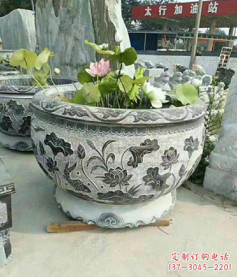 金华仿古石雕荷花水缸——精美的艺术品