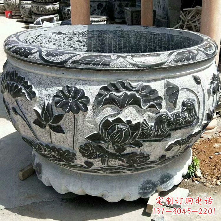 金华极致精细仿古圆形鱼缸石雕