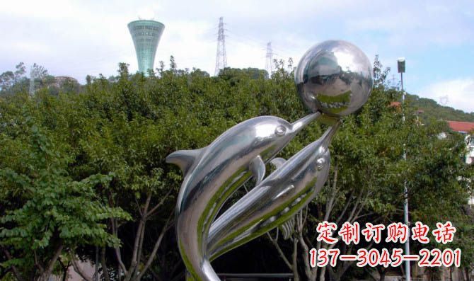 金华高贵静谧的不锈钢海豚顶球雕塑