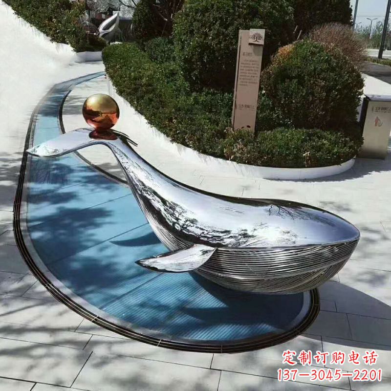 金华公园大型鲸鱼景观雕塑摆件-不锈钢镜面动物雕塑