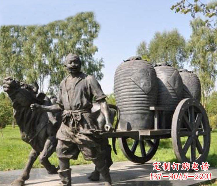 金华公园驾着牛车拉酒缸的古代人物小品铜雕
