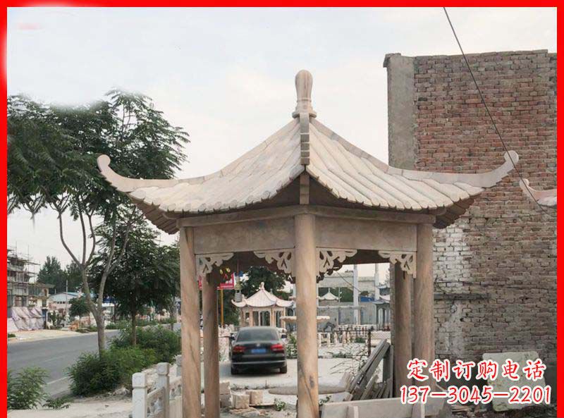金华公园晚霞红六角石凉亭雕塑
