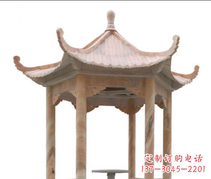金华美丽而优雅的公园晚霞红六角石凉亭雕塑