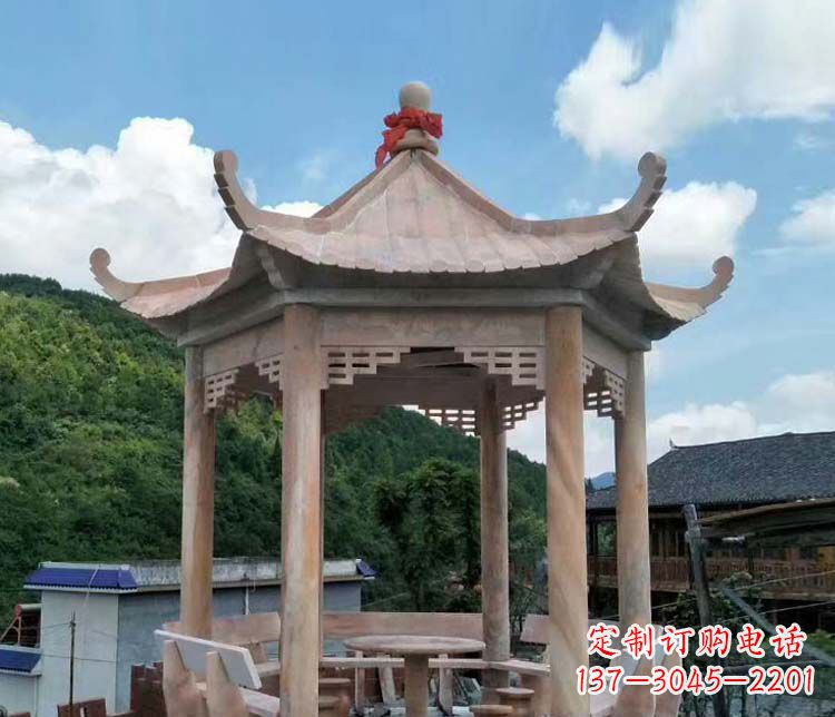 金华一流的公园晚霞红六角石雕凉亭