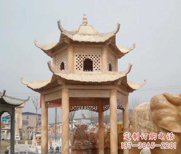 金华红双层六角石凉亭雕塑