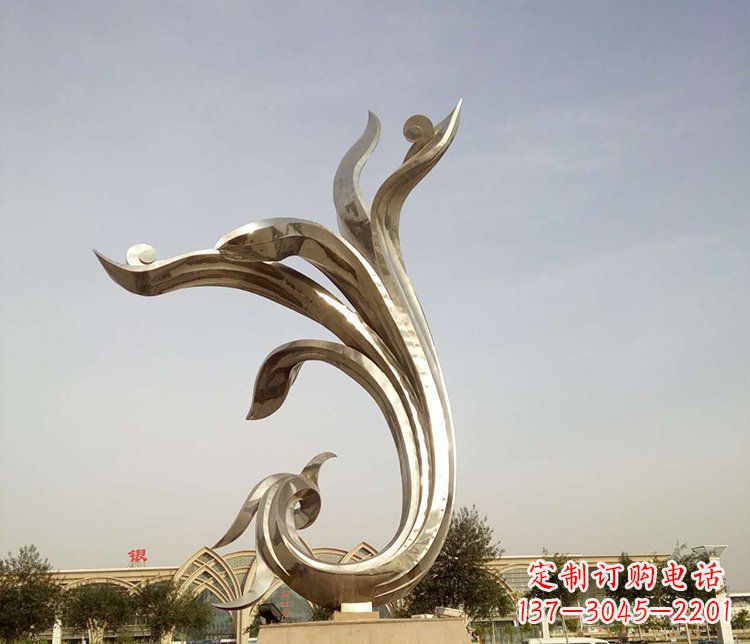 金华中国传统图案雕刻定制——高端不锈钢抽象金凤凰雕塑