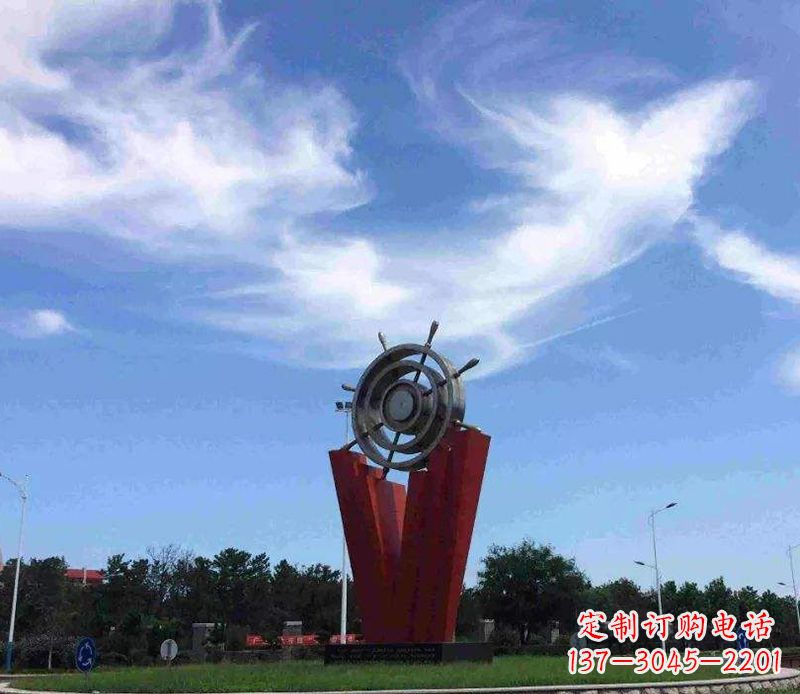 金华海上风情，精致大气的不锈钢船舵雕塑