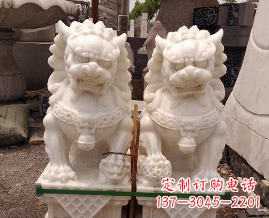 金华汉白玉踩绣球狮子石雕_2