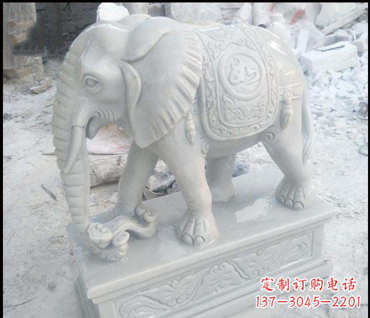 金华精美汉白玉吉祥鼻卷如意大象雕塑