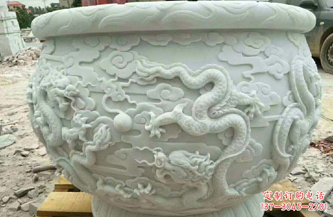 金华汉白玉龙浮雕水缸雕塑