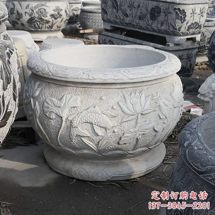 金华中领雕塑汉白玉石鱼缸雕塑,是一种精美的装…