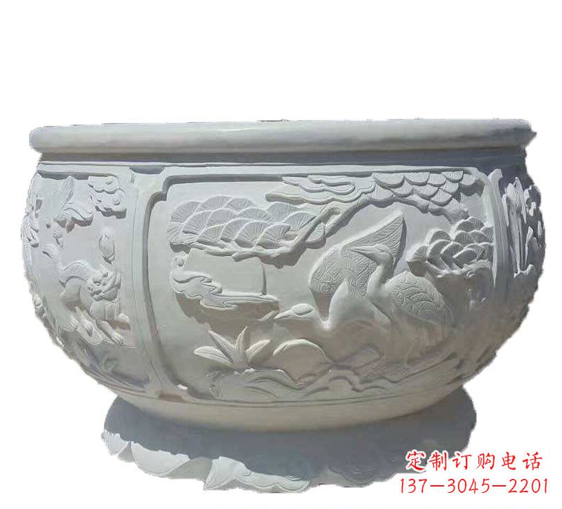 金华汉白玉松鹤延年浮雕水缸,带给您无尽的岁月美景