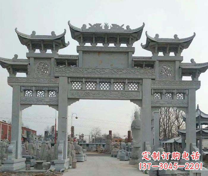 金华三门牌坊石雕,精美汉风石雕装饰景区