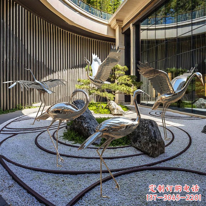 金华镜面不锈钢仙鹤雕塑,别墅庭院室内动物装饰摆件