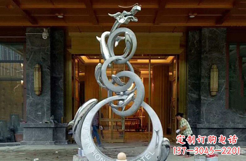 金华酒店不锈钢抽象鱼跃龙门雕塑