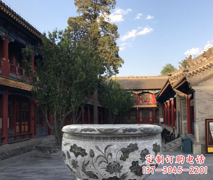 金华连年有鱼石浮雕圆形荷花水缸 (2)