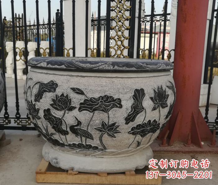 金华连年有鱼石浮雕圆形荷花水缸