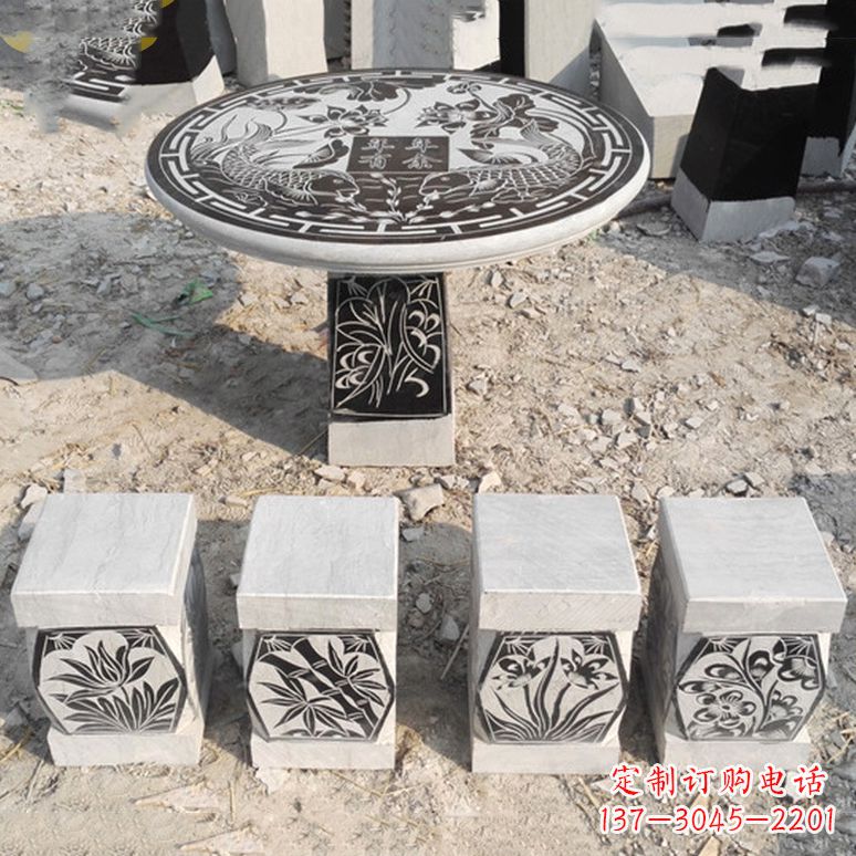 金华梅兰竹菊仿古方石桌凳雕塑,古朴典雅