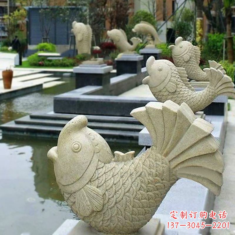 金华喷水鱼砂岩石雕-园林水池雕塑