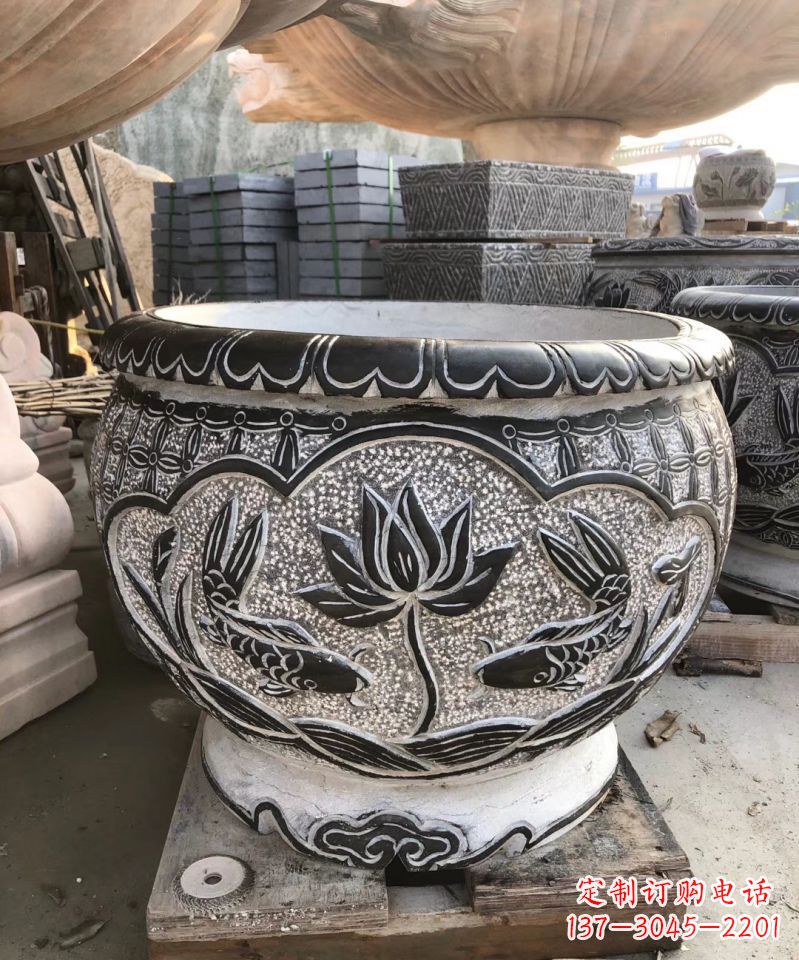 金华青石仿古荷花水缸雕塑