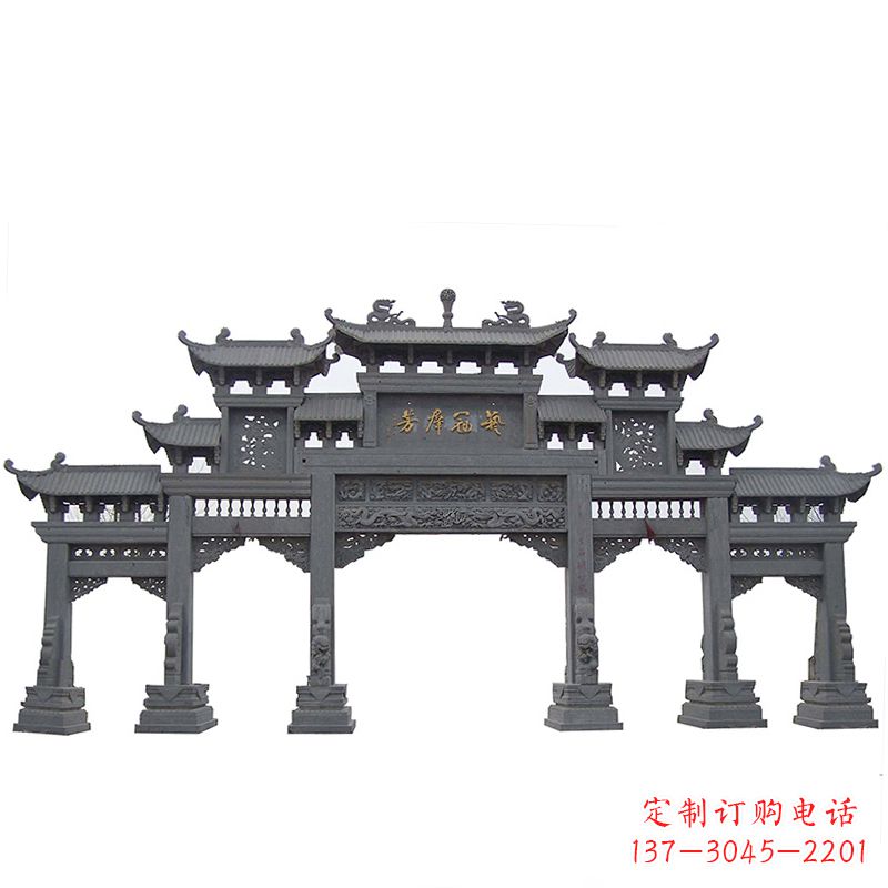 金华传承千年历史青石仿古五门石雕牌楼