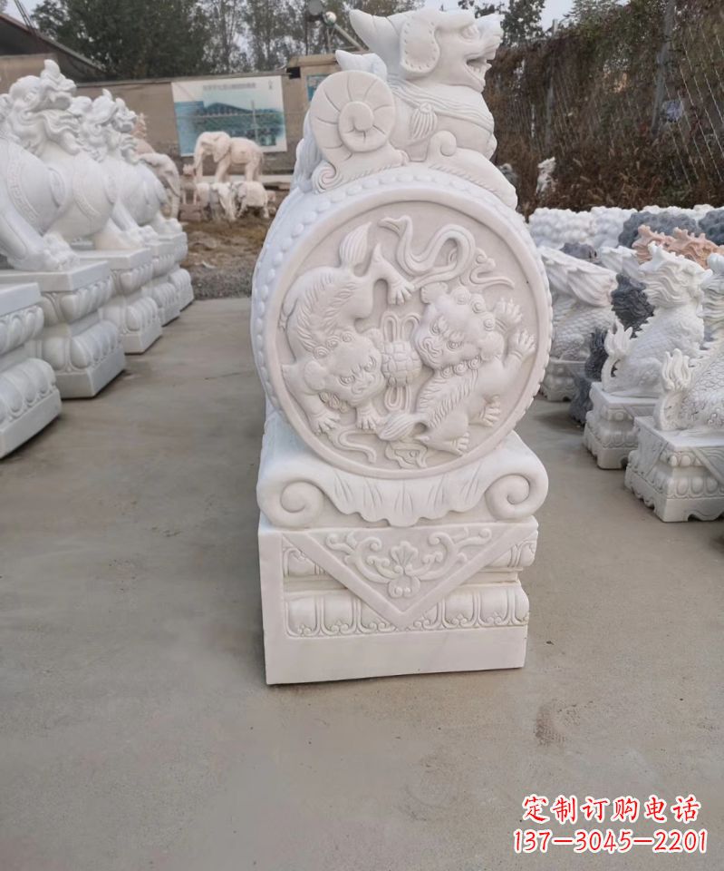 金华石雕貔貅报古石门墩雕塑