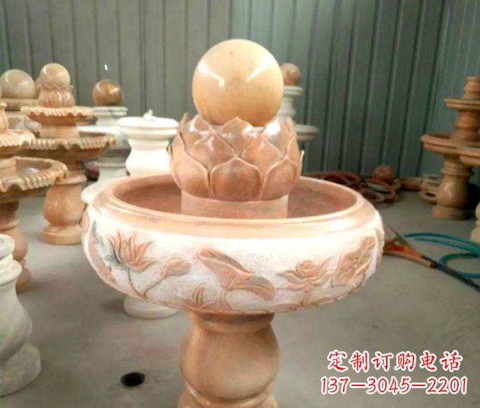 金华石来运转晚霞红风水球喷泉石雕