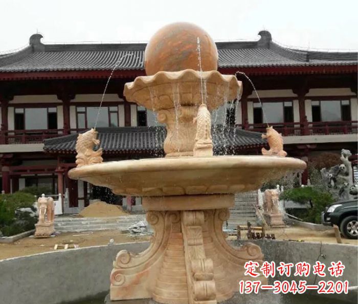 金华双层风水球喷泉晚霞红石雕