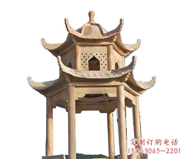 金华双层晚霞红凉亭石雕 (2)