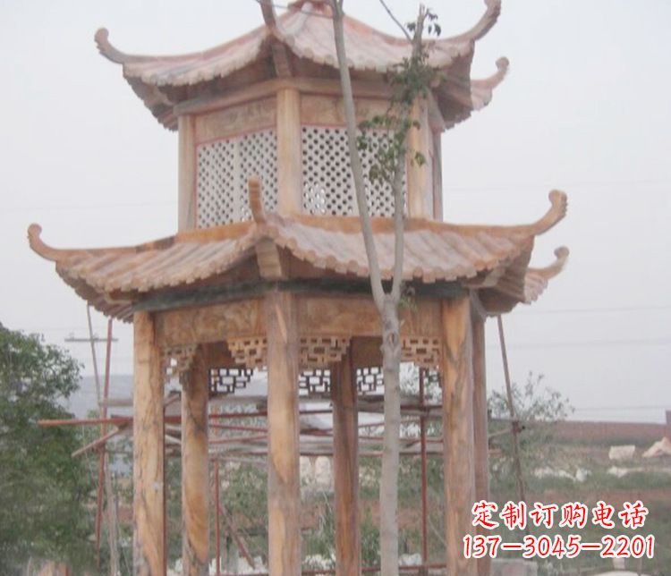 金华双层晚霞红石凉亭石雕 (2)